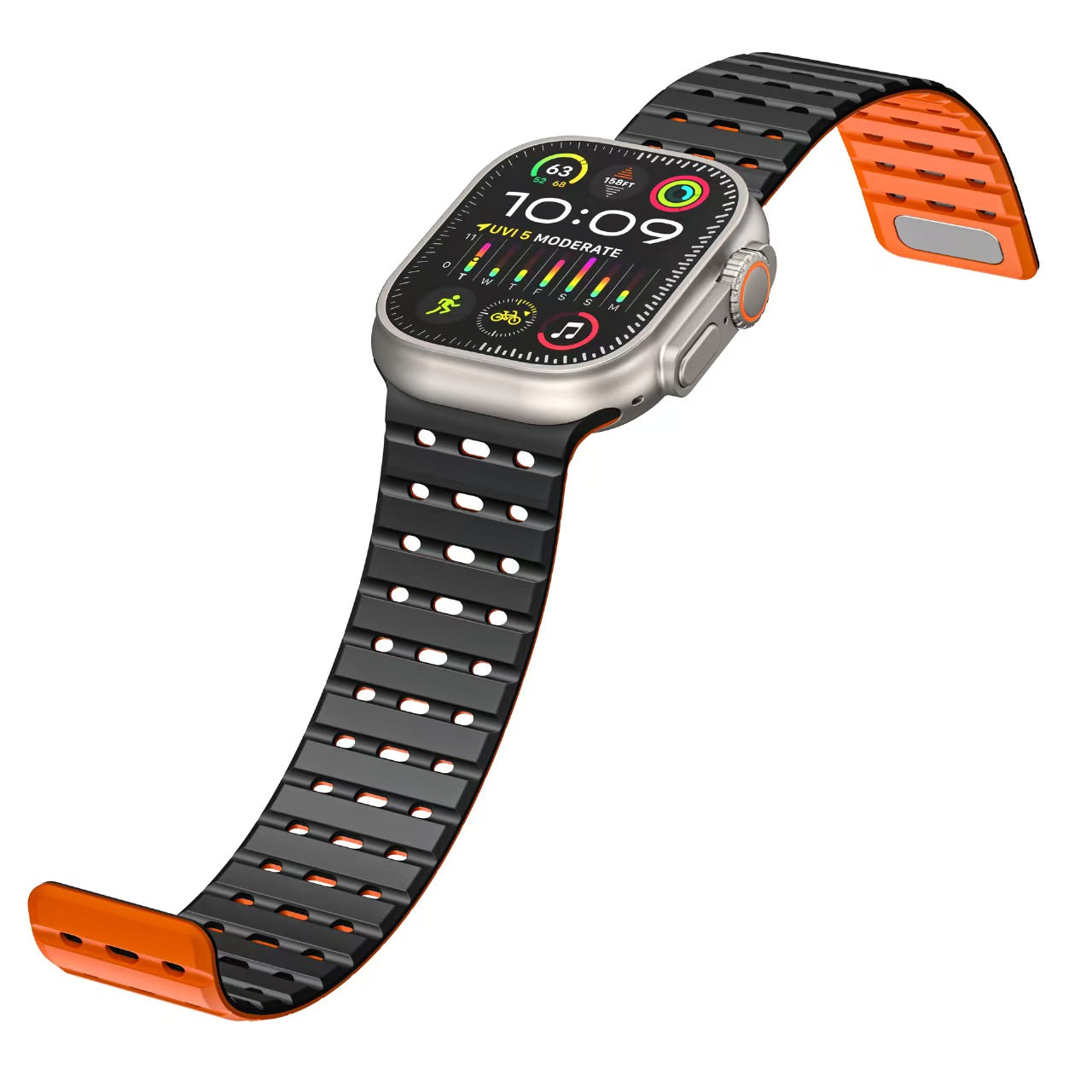 Breathable Magnetic Silicone Strap for Apple Watch Ultra & Series 1–9 | Black Orange