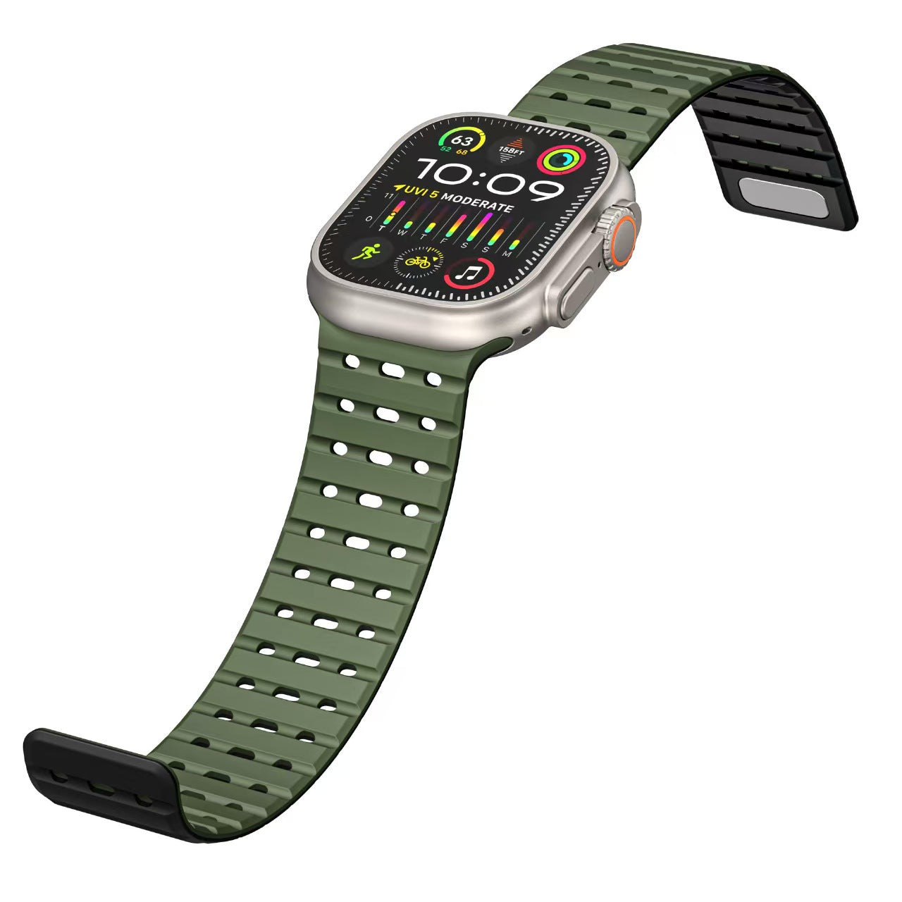 Breathable Magnetic Silicone Strap for Apple Watch Ultra & Series 1–9 | Green Black