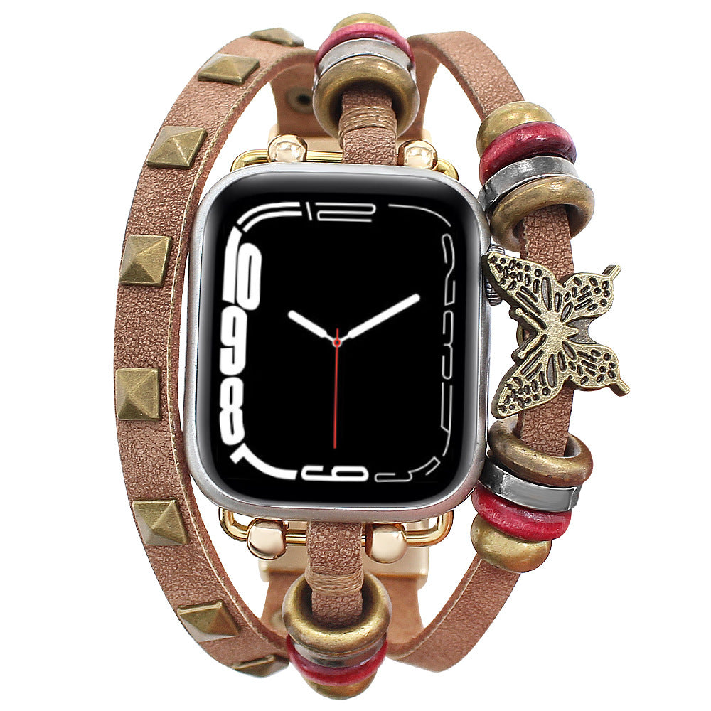 Butterfly Design PU Leather Strap for Apple Watch – Retro Replacement | Beige