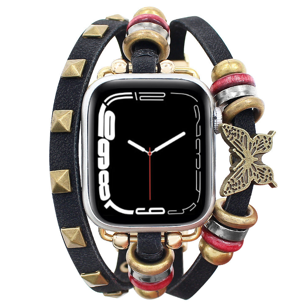 Butterfly Design PU Leather Strap for Apple Watch – Retro Replacement | Black