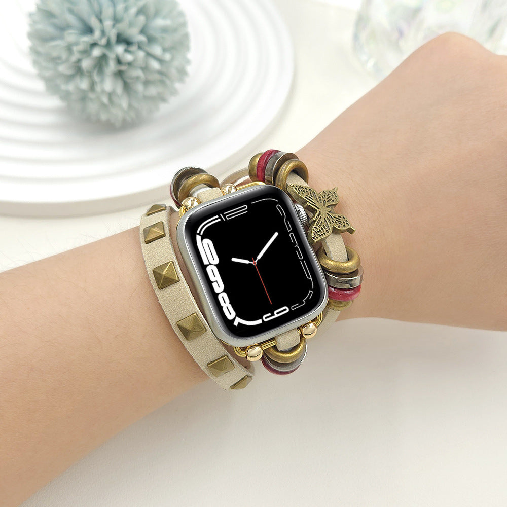 Butterfly Design PU Leather Strap for Apple Watch – White
