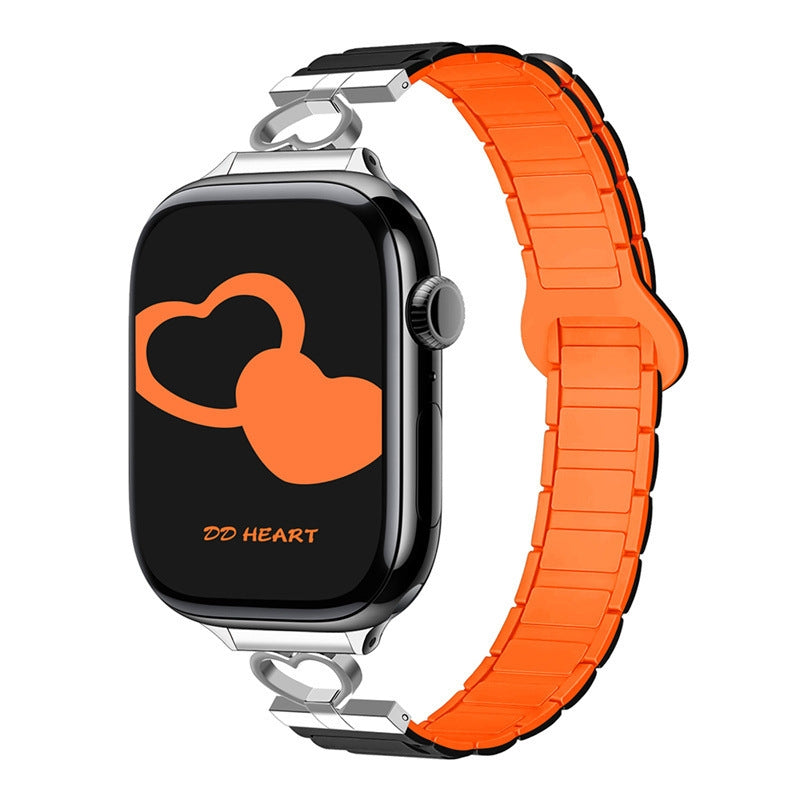 Heart Link Slim Silicone Magnetic Watch Strap for Apple Watch | Three-Hole Design | Black Orange