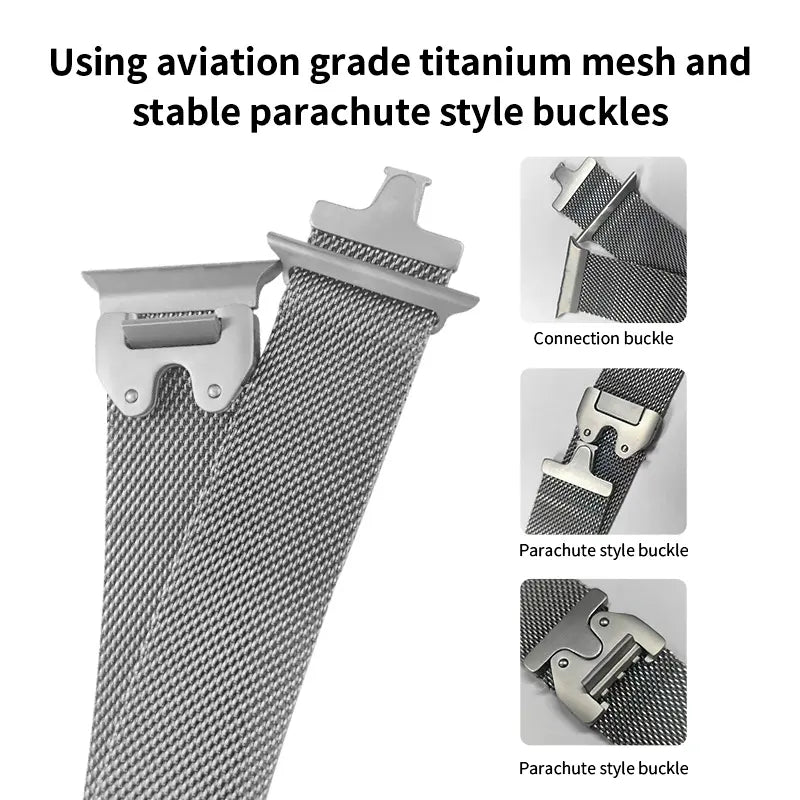 Milanese Metal Strap for Apple Watch Series 1–10, SE & Ultra 38–49mm | Parachute Style Buckle