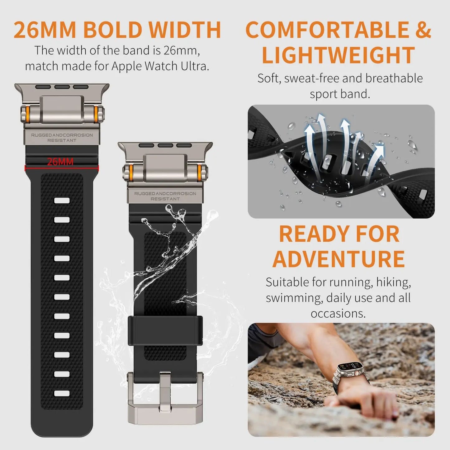 Rugged Apple Watch Strap – Silicone Sport Metal Connector | 42–49mm Compatibility Running, Hiking, Swimming
