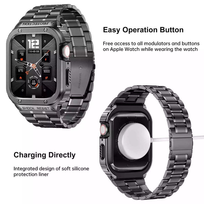 Rugged Stainless Steel Metal Apple Watch Strap 44mm/45mm – Shockproof Mod Kit | Charging Easy Operation Button