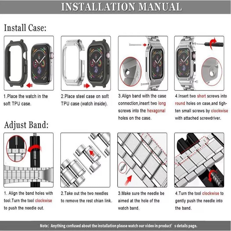 Rugged Stainless Steel Metal Apple Watch Strap 44mm/45mm – Shockproof Mod Kit | Installation Manual