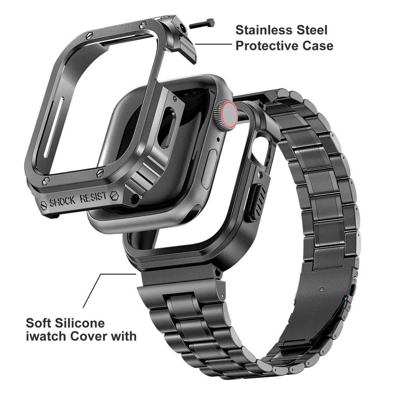 Rugged Stainless Steel Metal Apple Watch Strap 44mm/45mm – Shockproof Mod Kit | Protective Case Silicone Cover