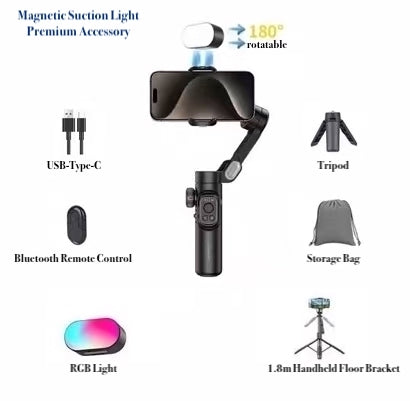 AOCHUAN Smart XE 3-Axis Foldable Gimbal Stabilizer for iPhone & Android - Magnetic Suction Light Premium Accessory 1.8 Handheld Floor Bracket