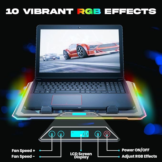 RGB Gaming Laptop Cooling Pad with Adjustable Ergonomic Stand 10 Vibrant RGB Effects
