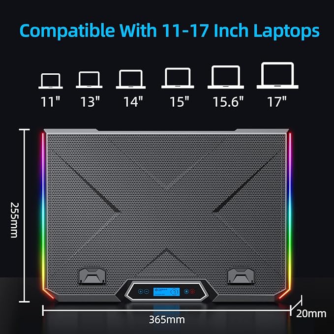 11-17 Inch  ICE COOREL RGB Laptop Cooling Pad 6 Fans & Adjustable Stand - LCD & USB Ports - BeezSpeed