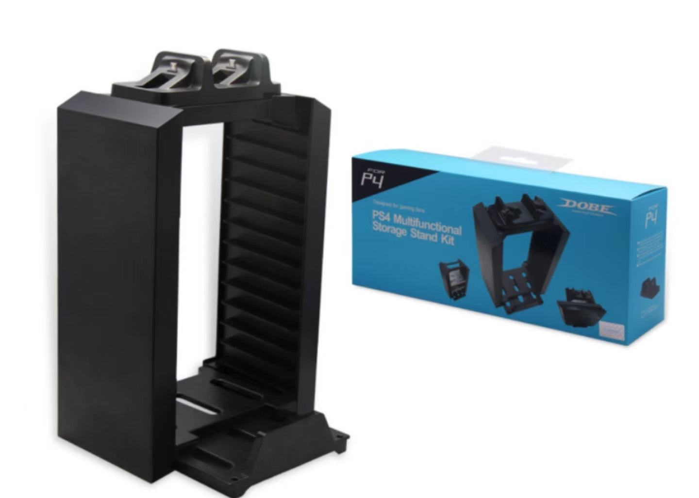 Multi-functional PS4 stand with 12-slot game disc storage and dual charging stations for controllers.