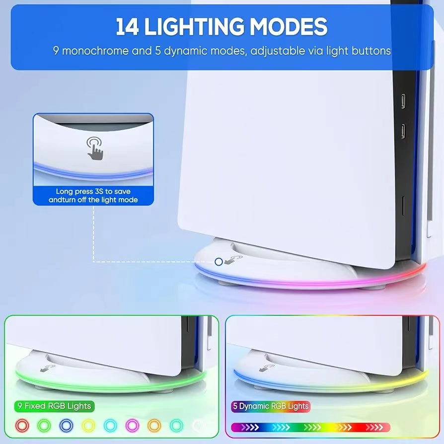 PS5 Slim Vertical Stand with Adjustable RGB 14 Lighting Modes and Heat Dissipation Design