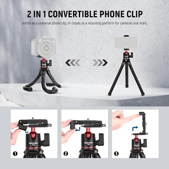 2-1 Convertible Phone Clip Black NEEWER T30 Mini Flexible Vlog Tripod with Remote – GoPro & iPhone Mount - BeezSpeed