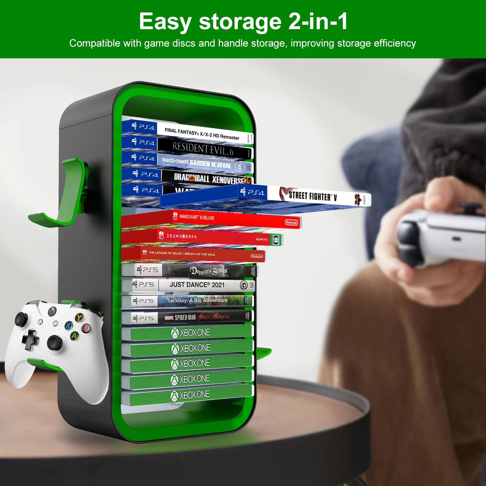 PS5/Xbox/Switch Game Storage Tower - 18 Disc Slots and Controller Holders for Neat Organization