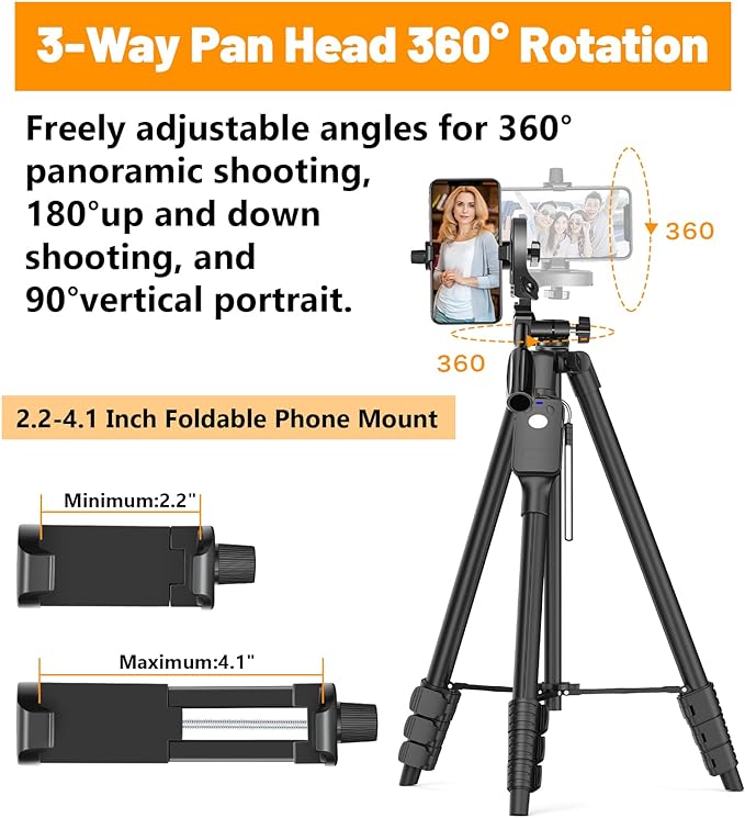60Inch Aluminum Tripod with Remote, Travel Bag & Phone Mount for Cameras