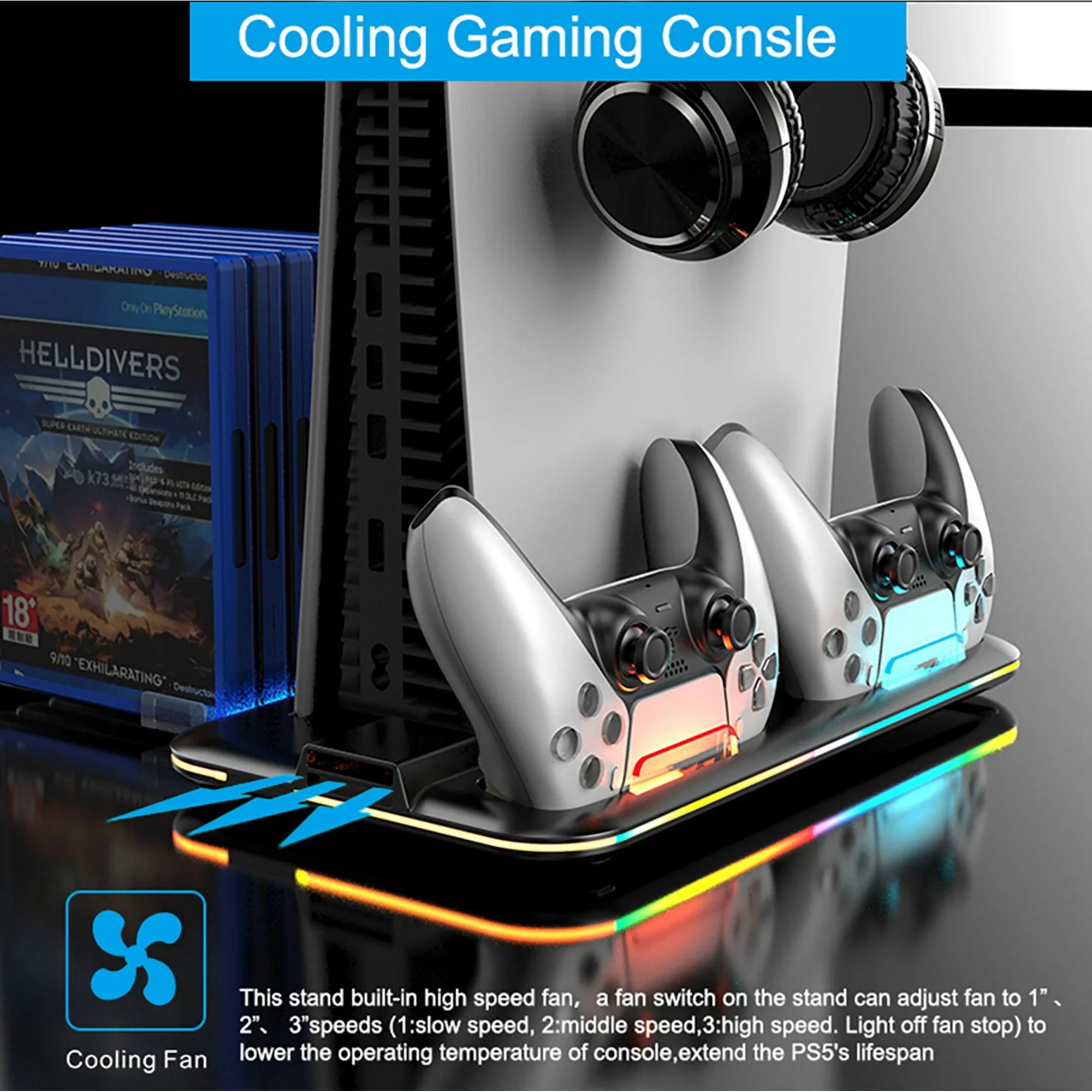 PS5 Stand with Dual Controller Charging Station, RGB Lights, and Game Disc Slots Cooling Gaming Console