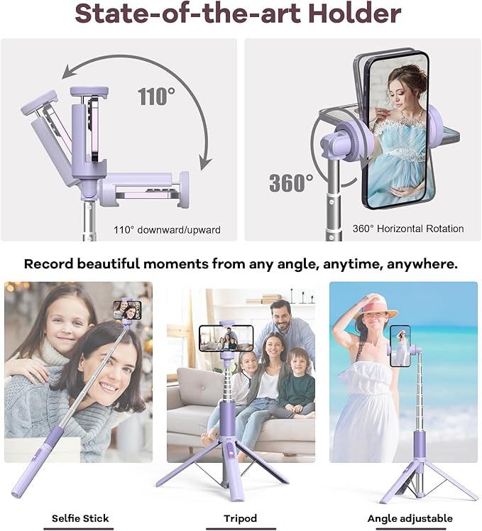 TONEOF 170CM Selfie Stick Tripod with Adjustable Height and 1-Button Setup for Phones
