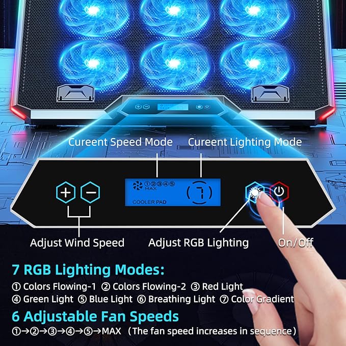 7 RGB lighting modes RGB 9 Height ICE COOREL RGB Laptop Cooling Pad 6 Fans & Adjustable Stand - LCD & USB Ports - BeezSpeed