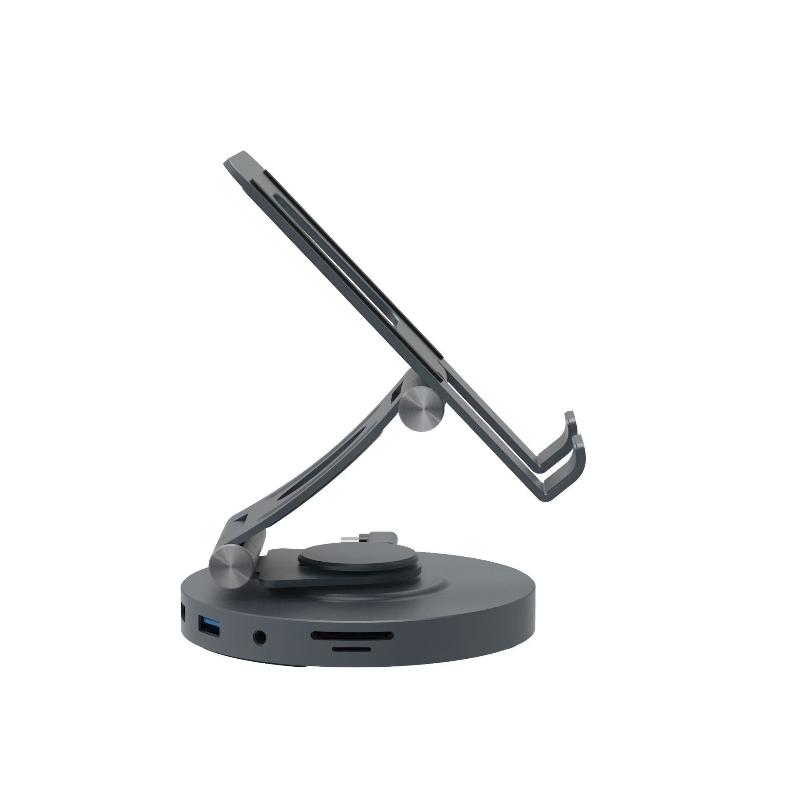 Aluminum stand with 4K HDMI, USB-C, and SD/TF card slots—perfect for mobile/tablet users needing full functionality.