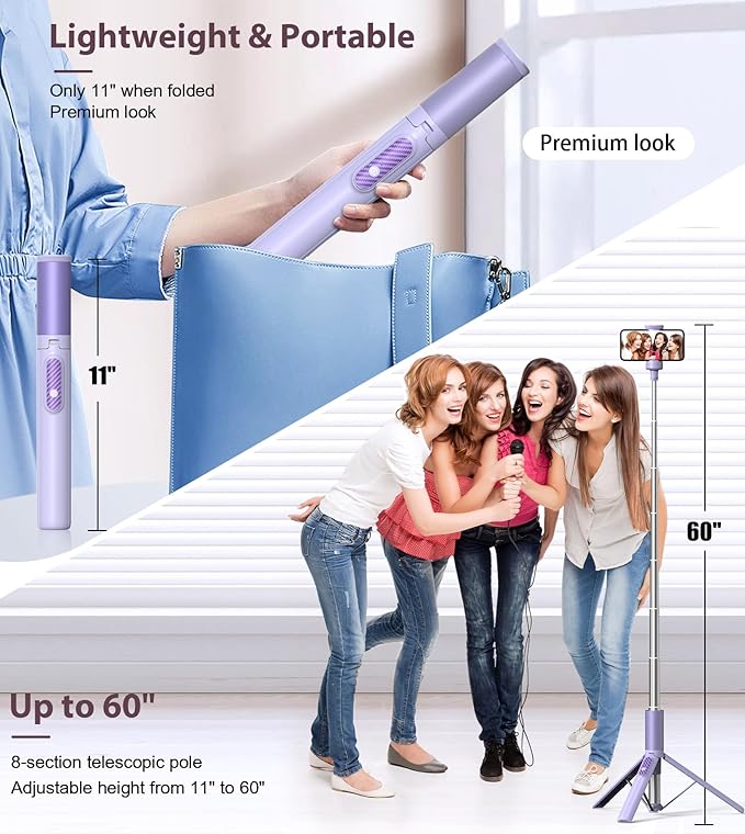 TONEOF 60" Selfie Stick Tripod with 360° Rotation for Group Photos, Lightweight