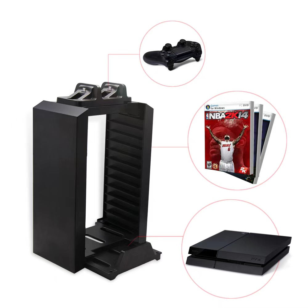 All-in-one PS4 vertical stand with cooling, charging, and disc storage for PS4, PS4 Pro, and PS4 Slim