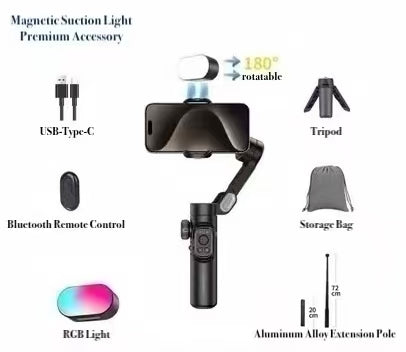 AOCHUAN Smart XE 3-Axis Foldable Gimbal Stabilizer for iPhone & Android - Magnetic Suction Light Premium Accessory Aluminum Alloy Extension Pole