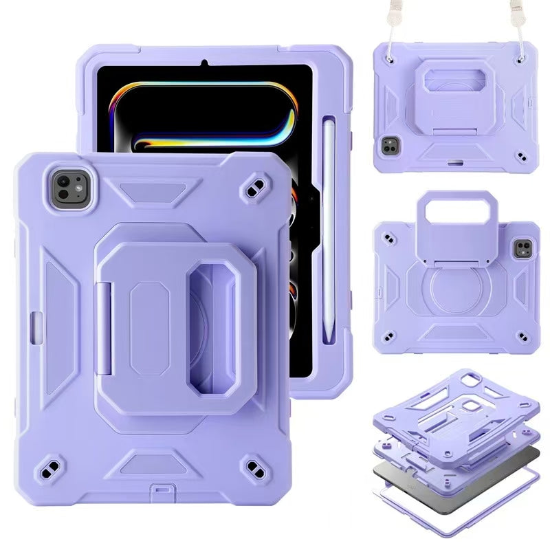 Protective iPad case with tough PC shell and 360° rotating stand, perfect for hands-free viewing and everyday protection.