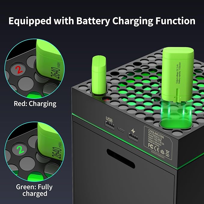 Efficient Xbox Series X/S Cooling Fan with Intelligent Temperature Control and RGB LED Lights - Battery Charging Function - BeezSpeed