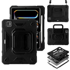 Protective iPad case with easy access to all buttons and ports, featuring a 360° rotating kickstand for flexible use.