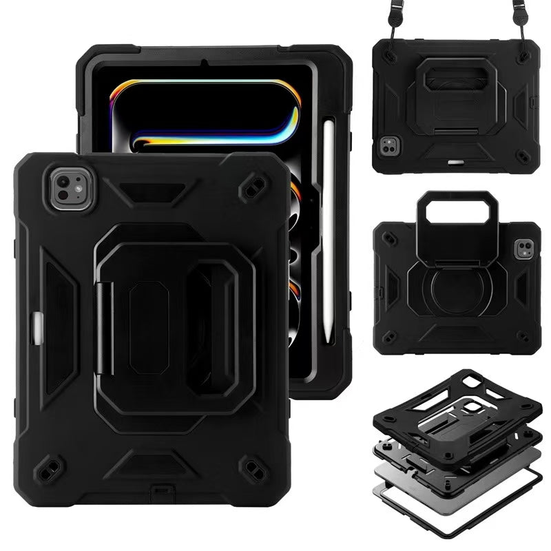 Protective iPad case with easy access to all buttons and ports, featuring a 360° rotating kickstand for flexible use.