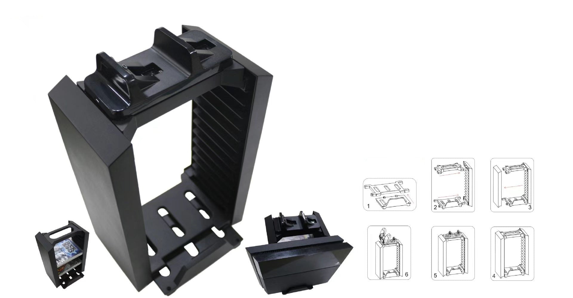 PS4 vertical stand with high-speed cooling, controller charging, and 12-slot game storage in sleek black design.