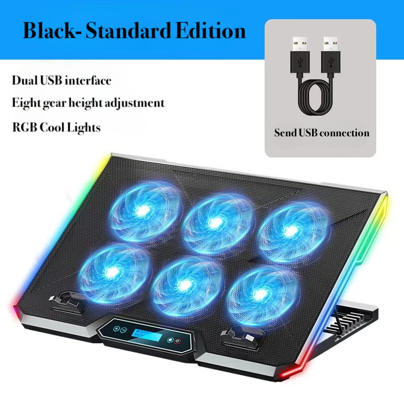 Black Standard Edition ICE COOREL RGB Laptop Cooling Pad 6 Fans & Adjustable Stand - LCD & USB Ports - BeezSpeed