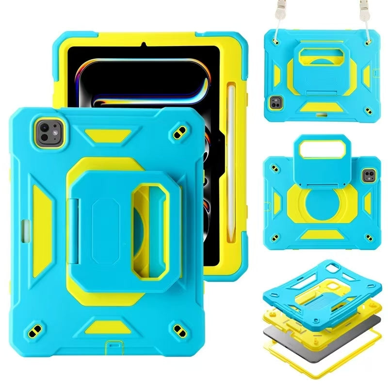 Multi-functional iPad case with silicone exterior, hard plastic interior, and adjustable nylon strap for secure carrying.
