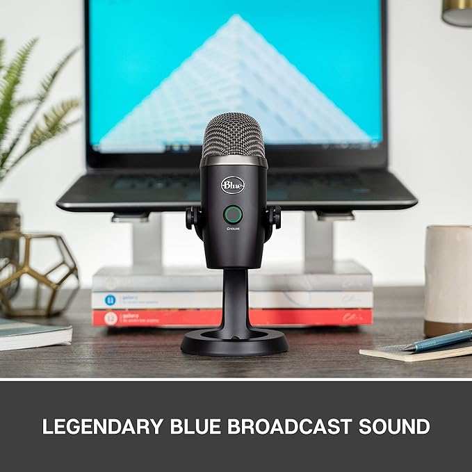  Blue Yeti Nano microphone with wide frequency response (20 Hz - 20 kHz) and 0.009% THD for superior sound quality. Broadcast Sound