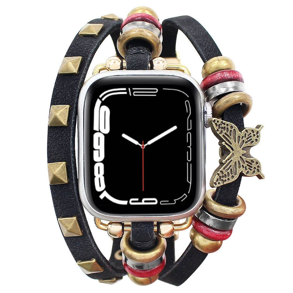Butterfly Design PU Leather Strap for Apple Watch – Retro Replacement | Black