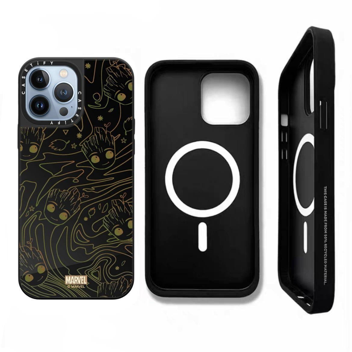 CASETiFY Groot iPhone Case – Shockproof & MagSafe Compatible Marvel Design | Line Art Groot Black Mirror