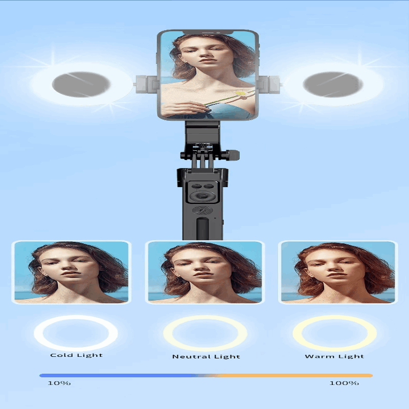 C12 AI Smart Gimbal with 1.8M tripod, automatic face tracking, and wireless remote for perfect selfies and videos - Cold/Neutral/Warm Lights - BeezSpeed