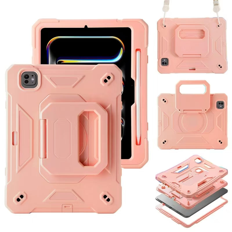 Vibrant iPad case with rotating stand, available in various colors, designed for protection and versatile use