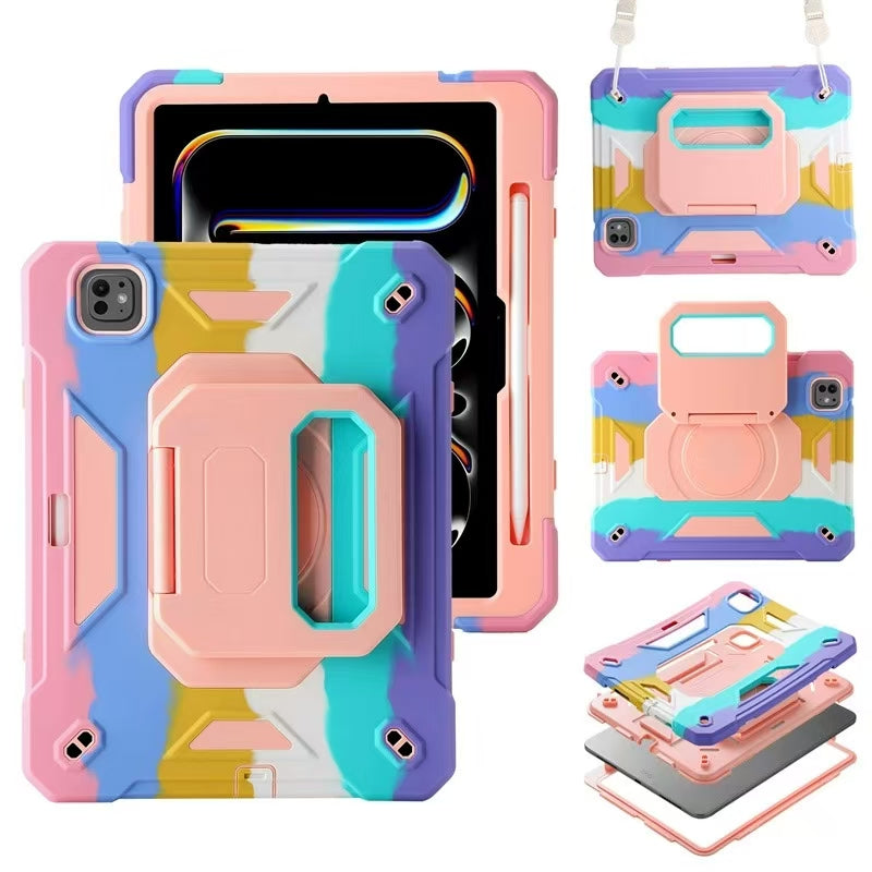 Rugged multi-layer iPad case with soft silicone outer skin and hard PC inner shell, offering ultimate protection.