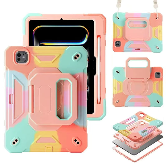 Durable silicone and PC protective case for iPad with 360° rotating kickstand and detachable nylon strap for portability