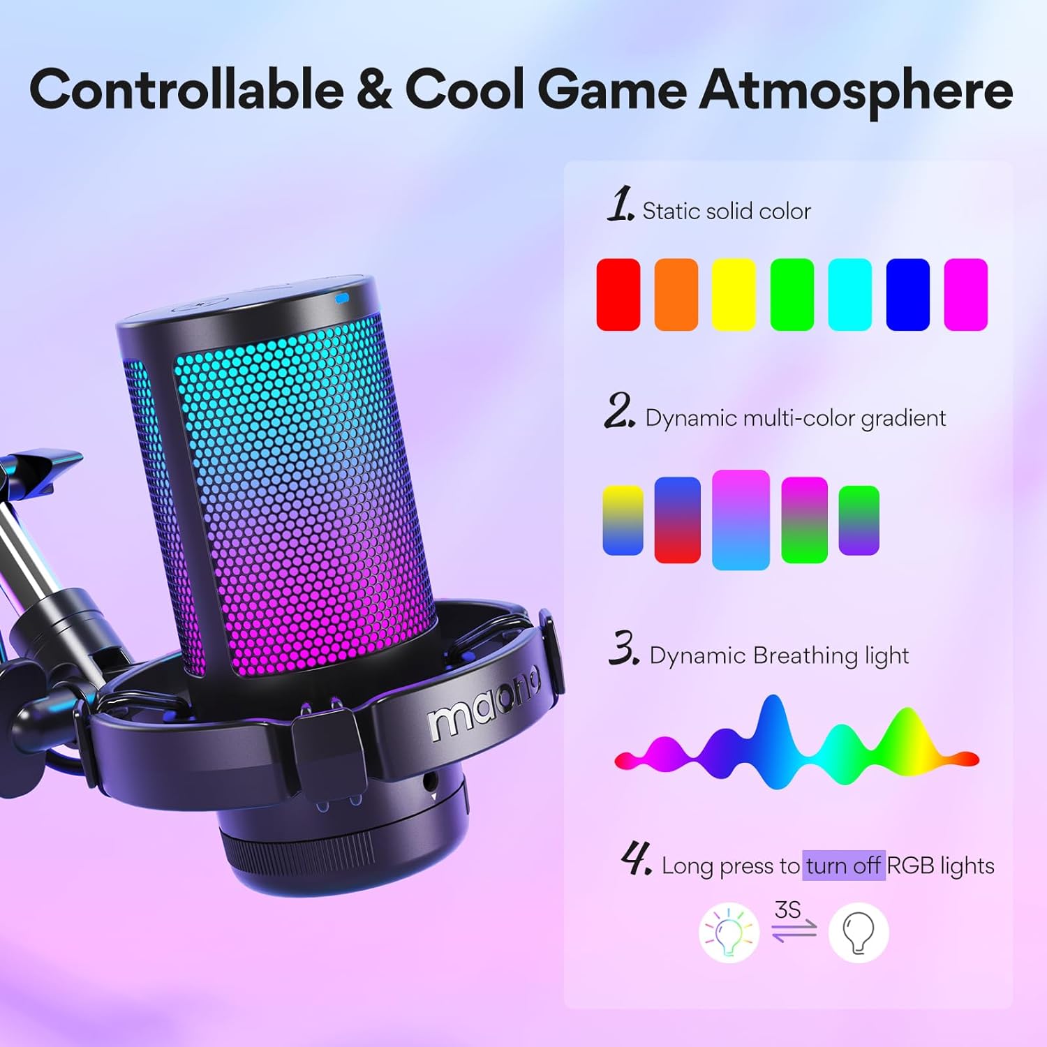 Noise-Cancelling Gaming Microphone with Cardioid Pickup Pattern and RGB Lights Cool Game Atmosphere