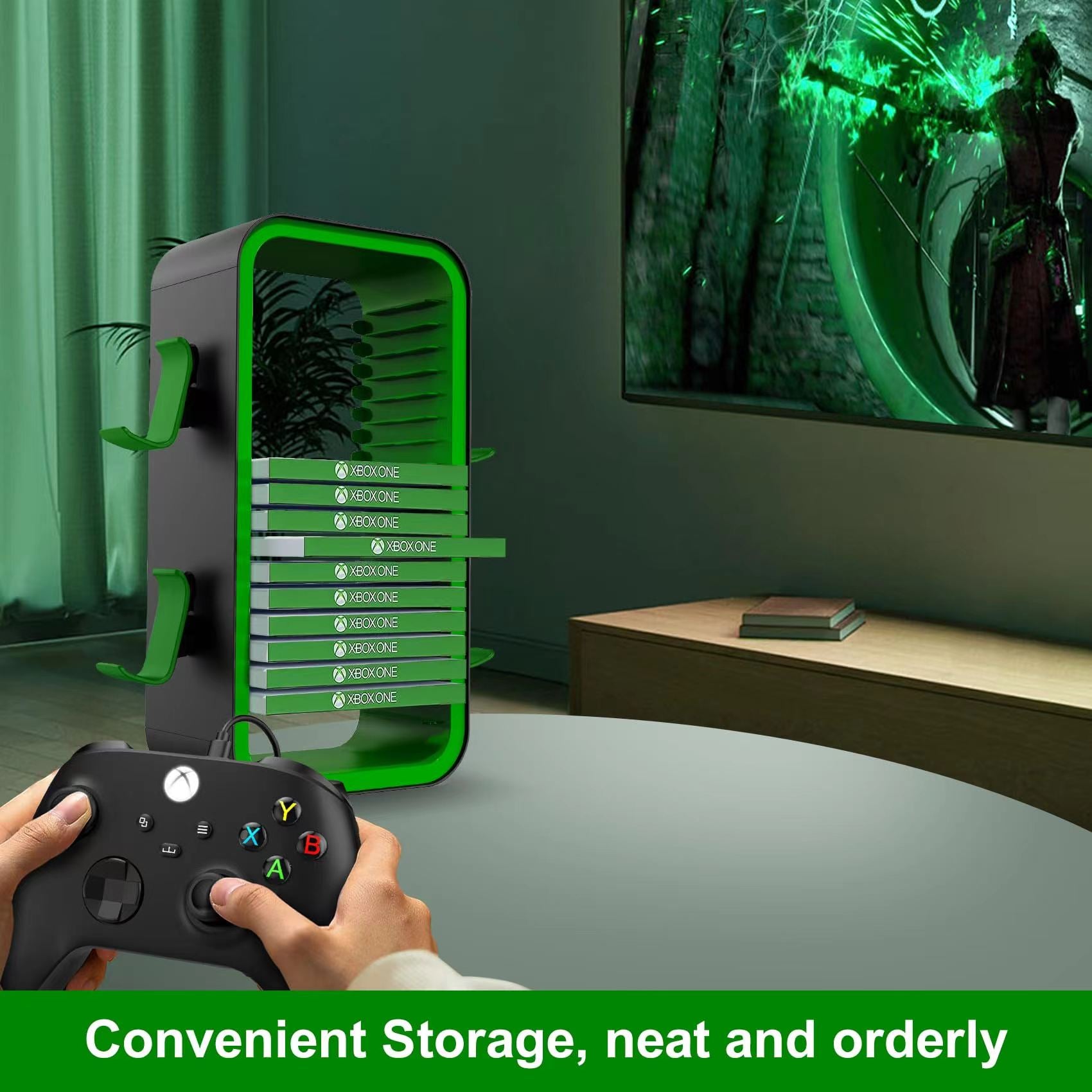 Space-Saving Game Storage Tower for PS5/Xbox/Switch - 18 Discs and 4 Controller Slots