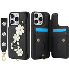 Crossbody Flower Leather iPhone Case with Cardholder & Detachable Lanyard | Black