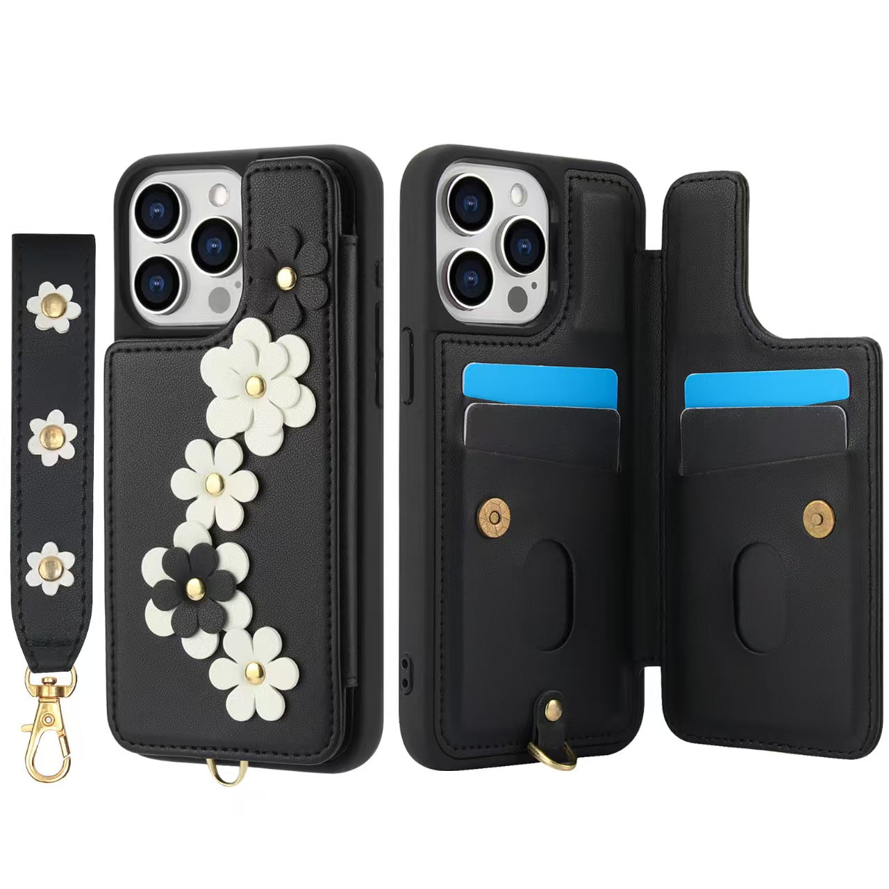 Crossbody Flower Leather iPhone Case with Cardholder & Detachable Lanyard | Black