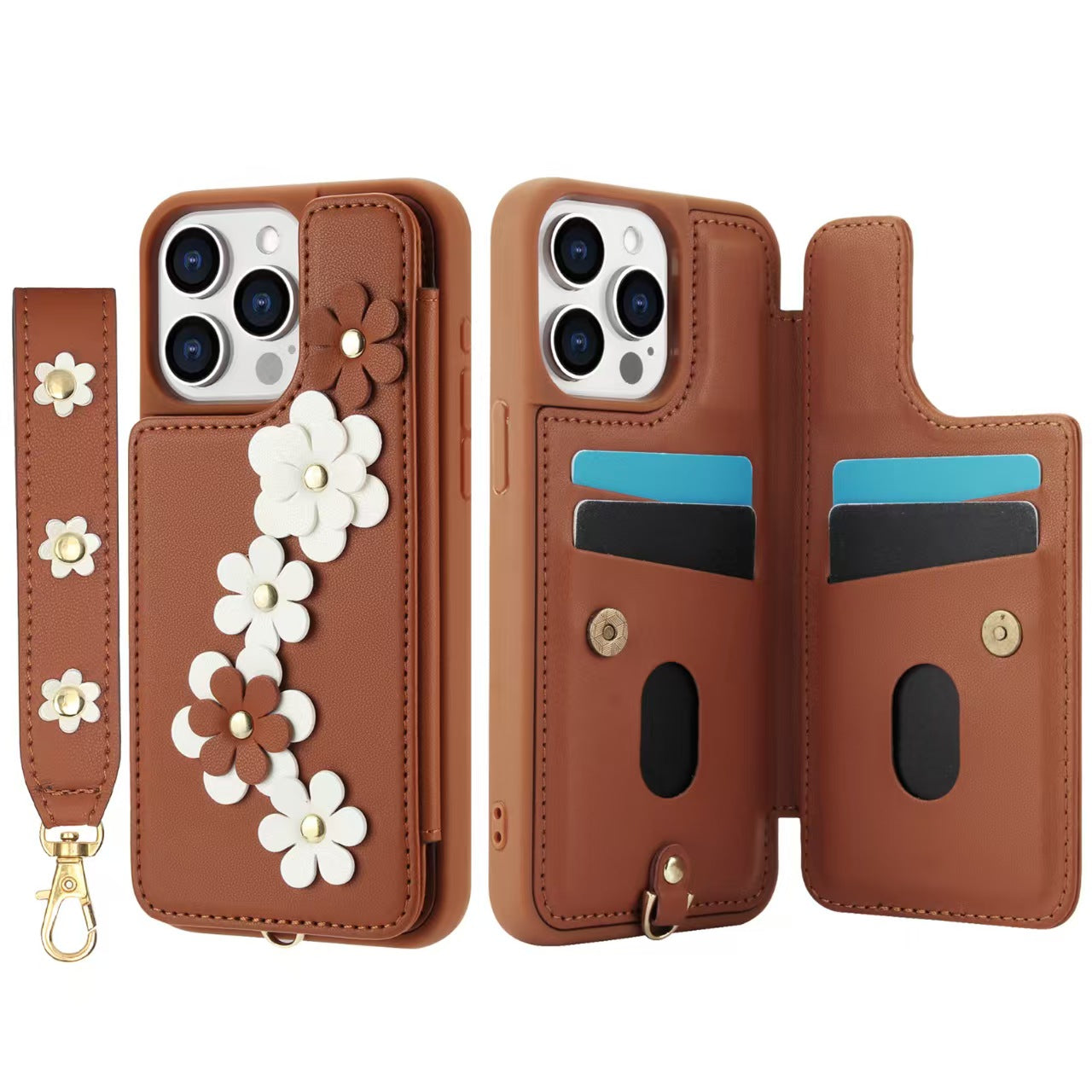 Crossbody Flower Leather iPhone Case with Cardholder & Detachable Lanyard | Brown