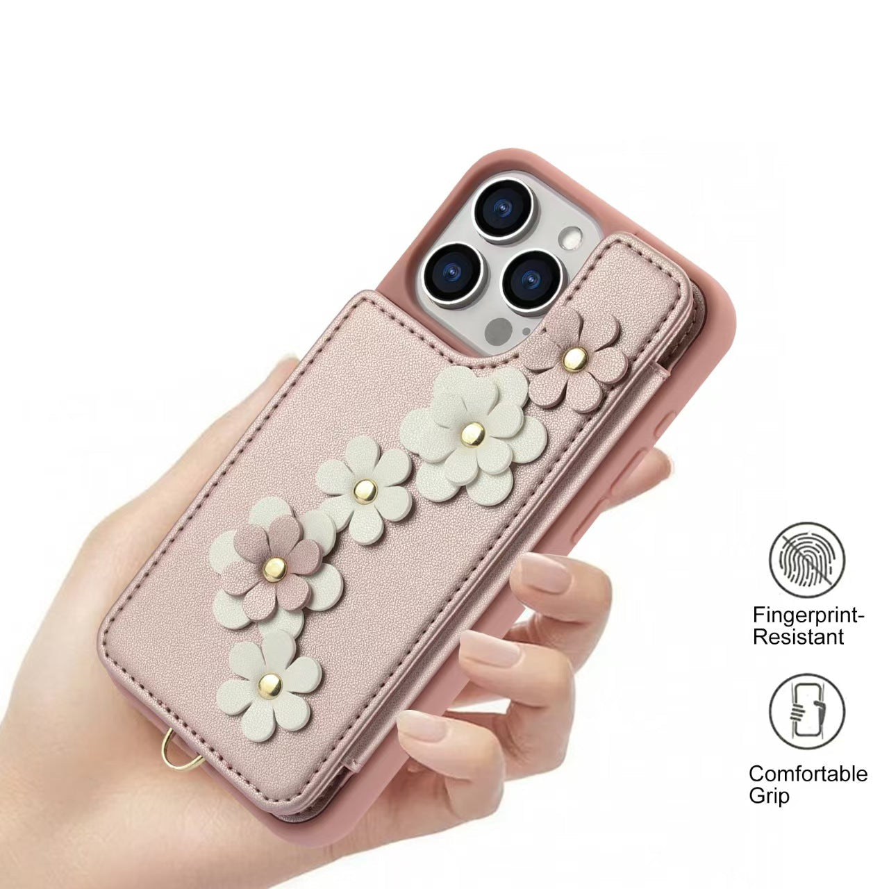 Crossbody Flower Leather iPhone Case with Cardholder & Detachable Lanyard | FingerPrint Resistant Comfortable Grip