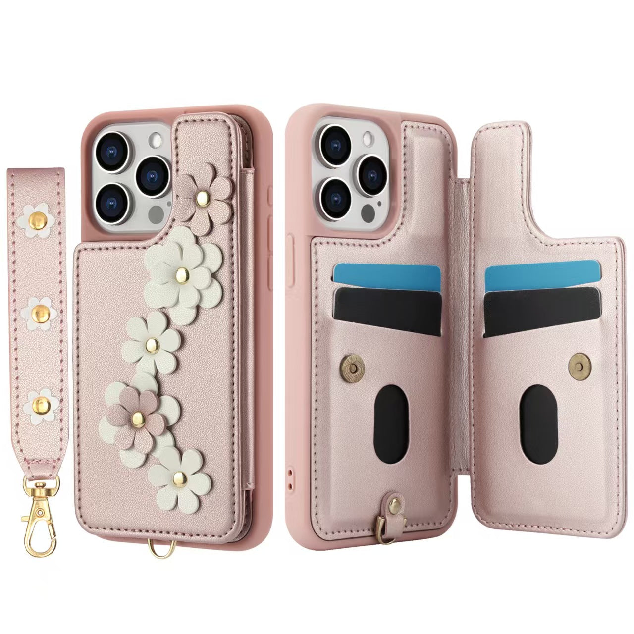 Crossbody Flower Leather iPhone Case with Cardholder & Detachable Lanyard | Pink