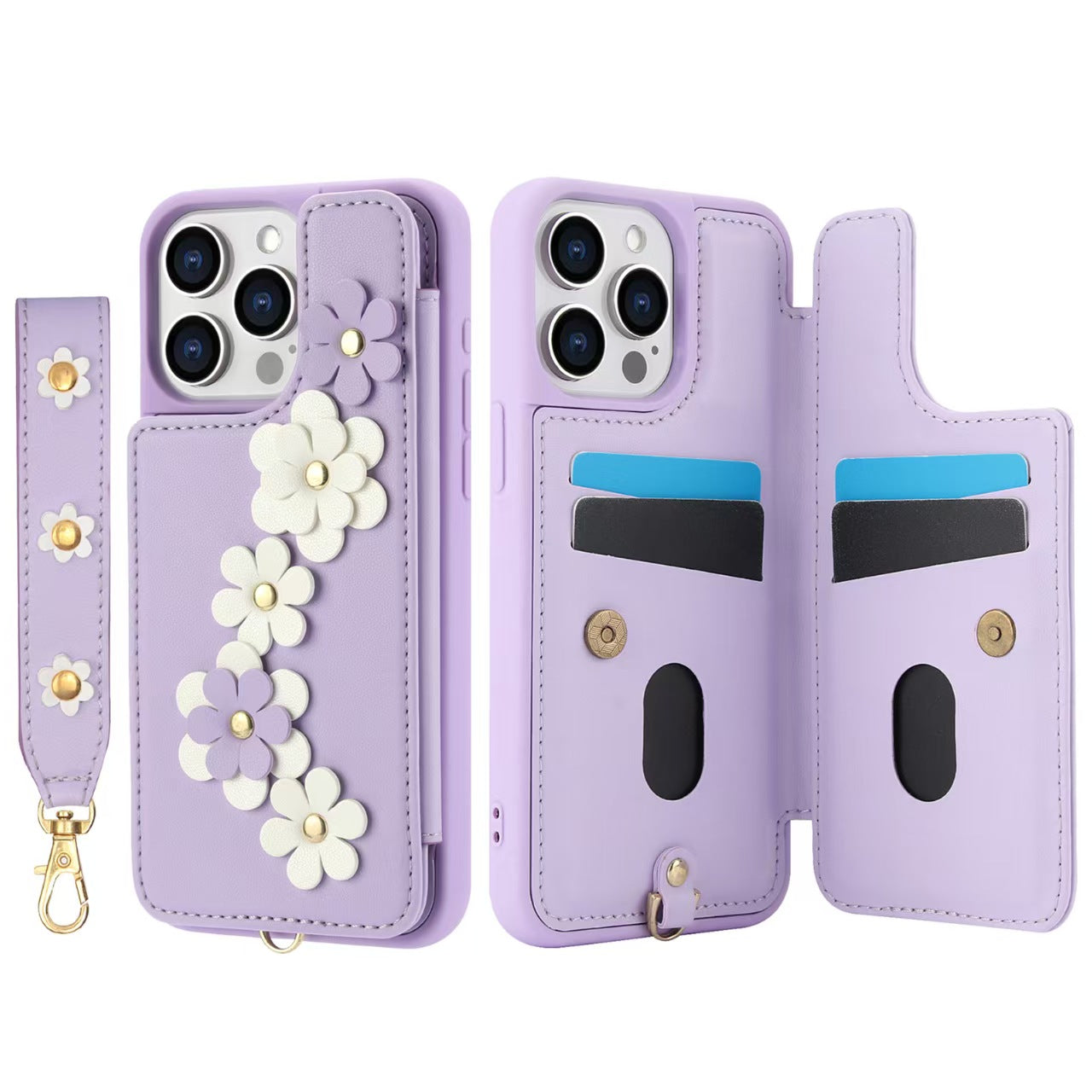 Crossbody Flower Leather iPhone Case with Cardholder & Detachable Lanyard | Purple