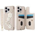 Crossbody Flower Leather iPhone Case with Cardholder & Detachable Lanyard | White