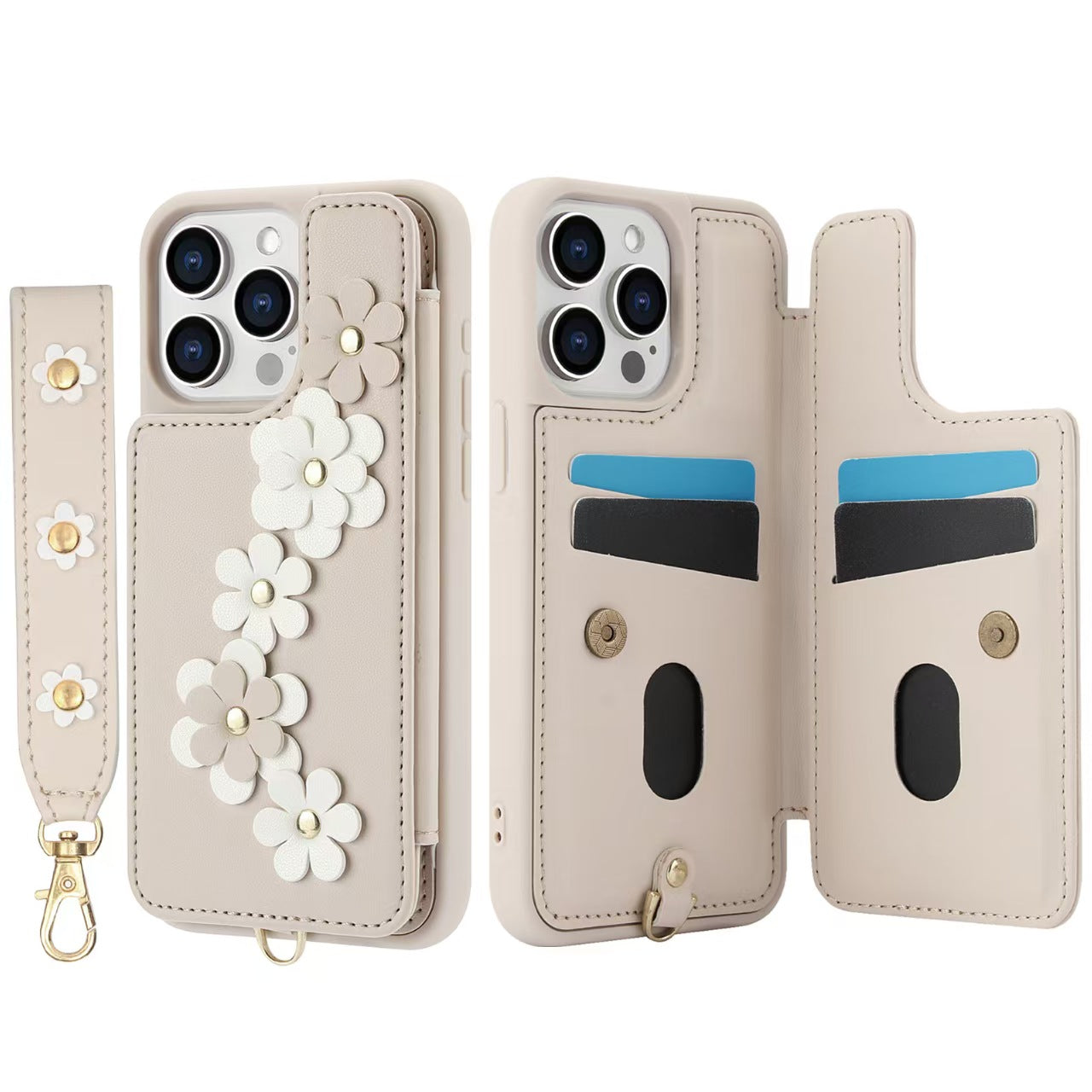 Crossbody Flower Leather iPhone Case with Cardholder & Detachable Lanyard | White